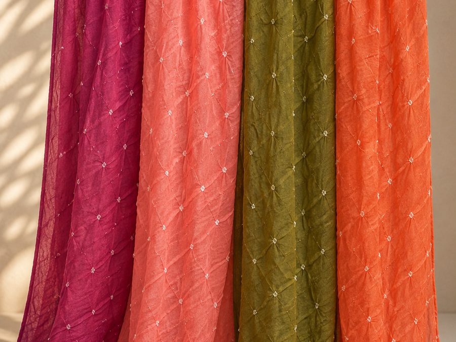 Lengths of bandhani cotton in magenta, coral, olive and orange, draped over a wooden rail