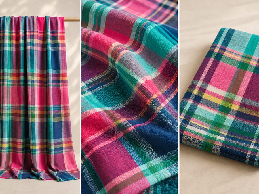 Natural-dyed linen in a bright pink, teal and blue check, shown draped, close up and folded