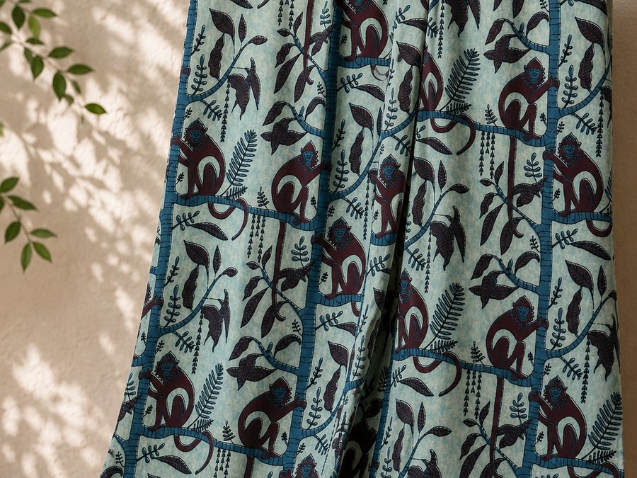 Pale blue cotton hand-block printed with dark blue rabbits and ferns, draped over a wooden rail