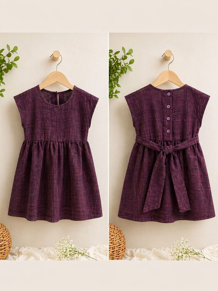 Purple cotton frock for a baby girl, shown front and back