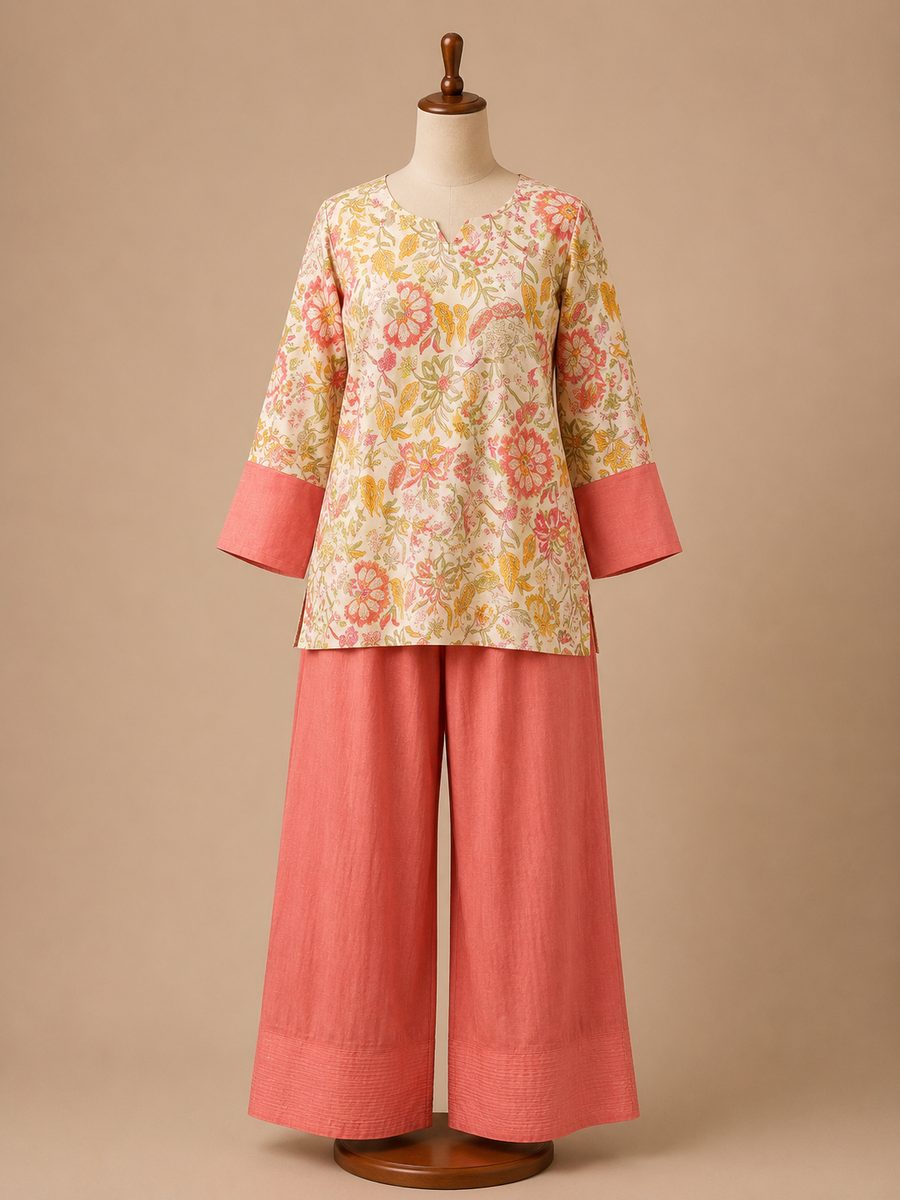 Floral hand-block print top with coral wide-leg farshi trousers