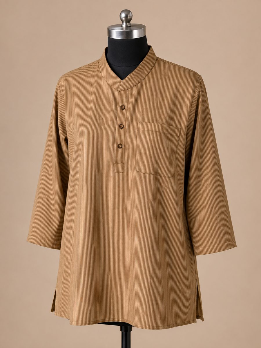 Camel cotton kurta with a mandarin collar and a chest pocket