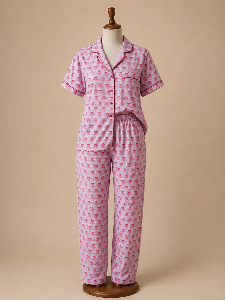 Pink hand-block print cotton night suit, shirt and trousers